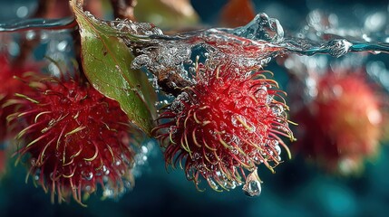 Poster - Close-up of vibrant red rambutan fruit submerged in clear water with bubbles
