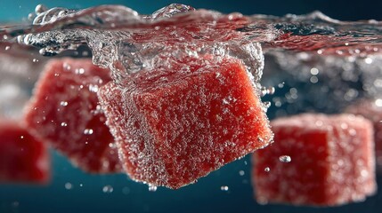Poster - Cubes of fresh watermelon submerged in water creating a refreshing visual
