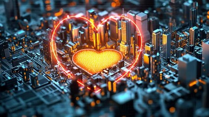 Poster - Digital cityscape with glowing heart symbol at night
