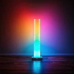 Poster - Futuristic LED floor lamp with vibrant multicolor light, modern minimalist design, glowing ambiance, standing on wooden floor, creating cozy atmosphere