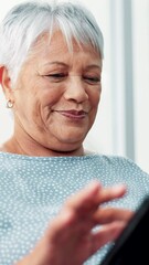 Aufkleber - Senior woman, tablet and relax in home with smile, search of choice for ebook in lounge. Elderly person, digital touchscreen and app for streaming subscription with decision for movie in retirement