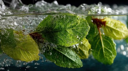 Aufkleber - Fresh green leaves submerged in clear water with bubbles, macro shot.