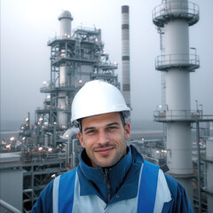 Aufkleber - Industrial worker man hard hat safety vest smiling refinery oil gas plant engineer smiling male industrial worker wearing white hard hat and blue safety vest stands confidently front of large oil