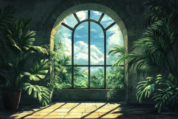 Poster - tropical room with lush plants and bright sky view from large window, anime background depicting a t