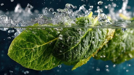 Aufkleber - Fresh green spinach leaves submerged in clear water with splashing and bubbles
