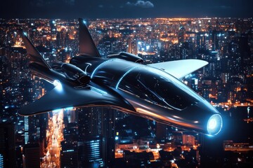 Poster - futuristic jet car soaring above illuminated cityscape during nighttime, futuristic jet car fly abov