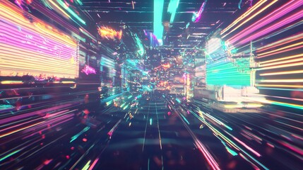 Poster - A cityscape illuminated by neon lights in a surreal dreamlike scene with liquid skies creating a vibrant and energetic atmosphere