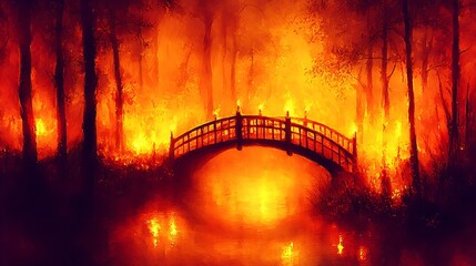 Poster - Mystical bridge nestled in a lush forest surrounded by dreamlike elements and volumetric light creating a surreal atmosphere
