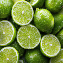 Poster - Fresh green limes and juicy lime halves with vibrant color and water droplets, creating refreshing and zesty background for food and drink concepts