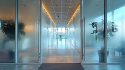 Poster - Modern office corridor with frosted glass doors and natural lighting