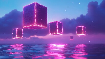 Poster - Surreal pink building floating gracefully in the ocean surrounded by dreamlike waters and neon lights creating an ethereal scene