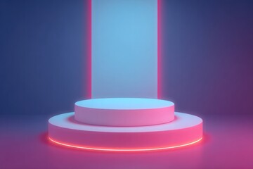 Poster - sleek round podium set against vibrant neon backdrop with ample copy space for branding