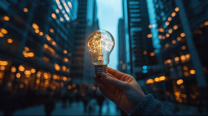 Poster - Hand holding glowing light bulb with network lines, symbolizing innovation and creativity, in modern city street with tall buildings and warm evening lights