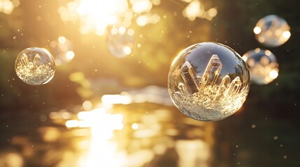 Poster - A collection of bubbles gracefully floating in the air under natural sunlight creating a bright and joyful outdoor setting
