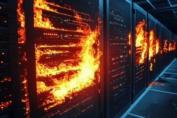 Aufkleber - Flames engulfing server racks in data center during a catastrophic fire incident, Flames engulfing server rack, depicting a data center fire