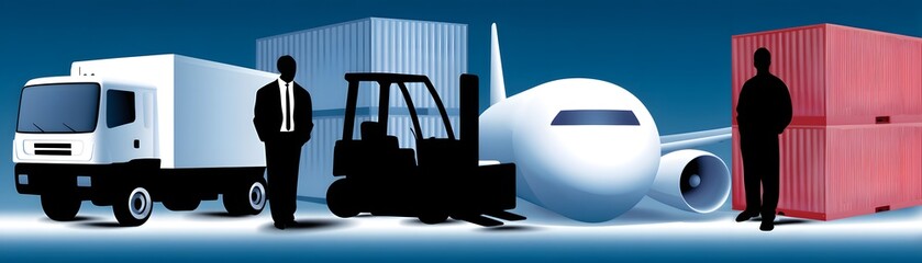 Poster - A logistics manager's silhouette stands out against a digital network of interconnected devices and automated systems, symbolizing the future of supply chain management. The image offers ample
