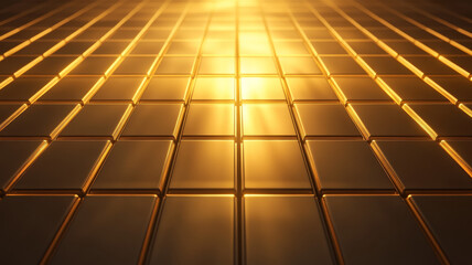 Poster - Conceptual image featuring golden light rays reflecting off shiny gold bars, creating warm