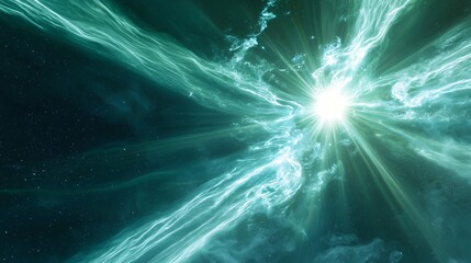 Poster - A nebula radiating bright light from its center surrounded by ethereal gas and cosmic dust creating a mystical and enchanting celestial scene