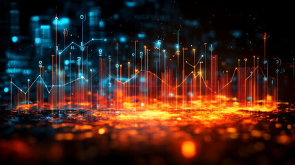 Luminous network lines graph data with digital symbols over cityscape and bokeh lights
