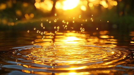 Poster - Captivating close-up of a water drop with golden reflections creating a stunning visual effect in a high-key illustration