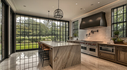 Poster - Modern kitchen with marble island, large windows, stainless steel appliances, and natural light, featuring elegant decor and serene garden view, creating welcoming atmosphere