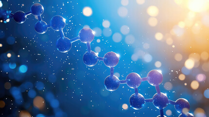 Poster - Molecule structure with blue atoms connected in chain, glowing abstract background, scientific and futuristic atmosphere, representing chemistry, biology, or nanotechnology concepts