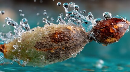 Poster - Macro shot of a seed being splashed by water with vibrant colors and detail