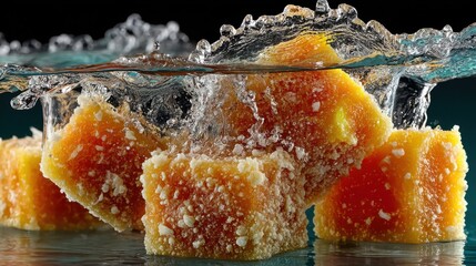 Aufkleber - Orange cubes submerged in water create a splash with a dark teal background.