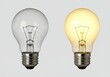 © Muaz - Two light bulbs one clear and off one glowing with yellow light on a plain white background image