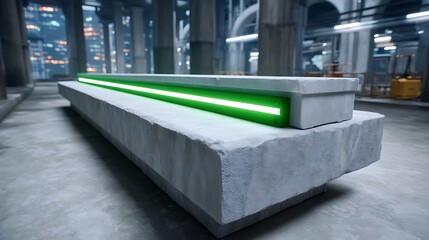 Wall Mural - futuristic neon bench with urban nightscape, and concrete design.