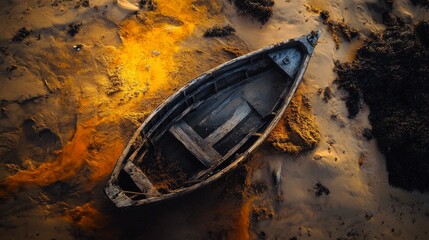 Wall Mural - a serene and abandoned boat rests on the shore. the warm colors create a captivating atmosphere. nat