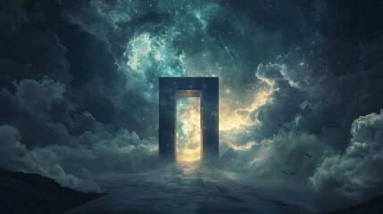 Poster - Surreal doorway in a sky leading to unseen realms under a dreamlike atmosphere filled with ethereal light and whimsical clouds