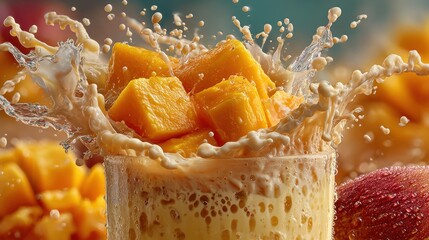 Aufkleber - Refreshing mango smoothie splash with fresh fruit cubes in a vibrant close up