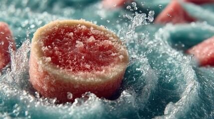 Aufkleber - Refreshing watermelon gummy candy splashing in cool, flowing turquoise water.