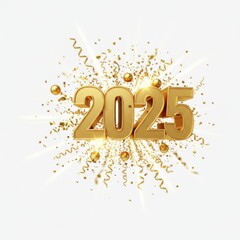 Poster - Golden year two thousand twenty five with confetti and ribbons on a white background design element