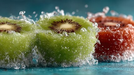 Poster - Sliced kiwis with water splash, vibrant colors on a refreshing turquoise background