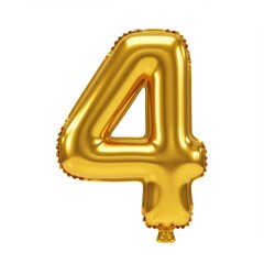 Poster - A shiny golden balloon in the shape of the number four isolated against a white background space for text