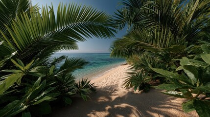 Wall Mural - tropical beach path framed by lush palm trees.