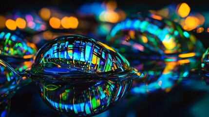 Poster - Intriguing crystal ball placed on a reflective surface creating a dreamlike holographic night vision with surreal light and enigmatic atmosphere