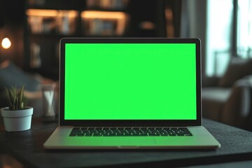blank green screen laptop template for creative projects in portrait mode with minimalist background