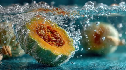 Poster - Vibrant cantaloupe slice submerged underwater with bubbles, refreshing summer fruit.