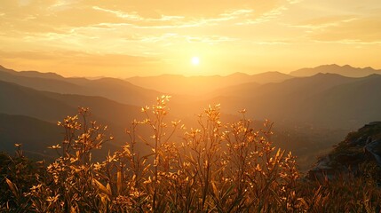 Poster - stunning sunset over majestic mountain peaks casting a warm glow across the sky with ethereal illumi