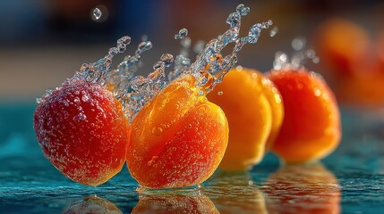 Poster - Vibrant close-up of fresh apricots with water splash on a reflective surface.