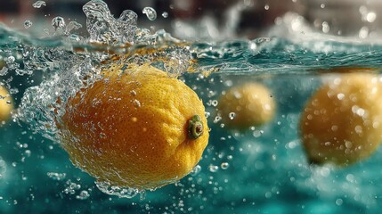 Poster - Vibrant lemon fruit submerged in water with splashes and bubbles, refreshing.