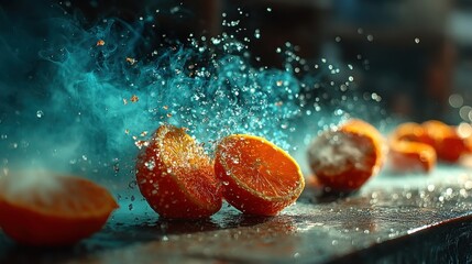 Poster - Vibrant image of a halved orange exploding with water droplets and artistic smoke