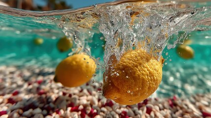 Poster - Vibrant lemons splashing into turquoise water creating a refreshing summer scene