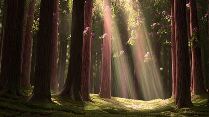 Poster - Sunbeam piercing through the tall trees in a lush forest creating a magical atmosphere and illuminating the natural beauty of the scene