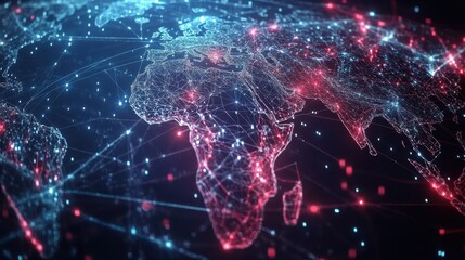 Poster - Reflection Abstract digital world map, concept of global network and connectivity on Earth, data transfer and cyber technology, information exchange and international telecommunication, Ai
