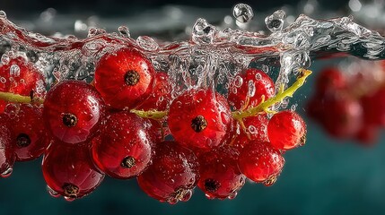 Poster - Vibrant red currants submerged in water, showcasing freshness and detail close up.