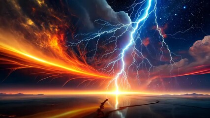 Wall Mural - spectacular lightning strikes amidst a vibrant cosmic sunset over a serene, reflective sea.